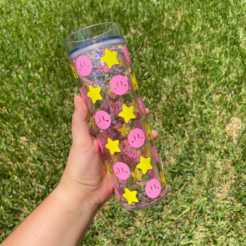 Kirby glitter Snow globe tumbler - video game cute pink dreamland coffee cold drink cup 