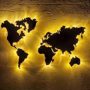 LED WORLD MAP / Modern Home Decor / Led Wall Art / Led world map - Fine wood simil (mdf) - Artisan - Handmade - Free Shipping