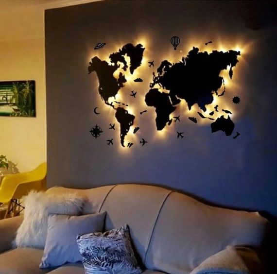 LED WORLD MAP / Wood World Map / Modern Home Decor / Led Wall | Etsy UK