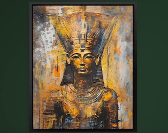 May include: A painting of an Egyptian pharaoh with a gold headdress and a golden body. The background is a mix of blue, white, and gold.