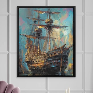 Pirate Ship Painting | Abstract Sailboat Canvas Art | Luxury Nautical Wall Decor