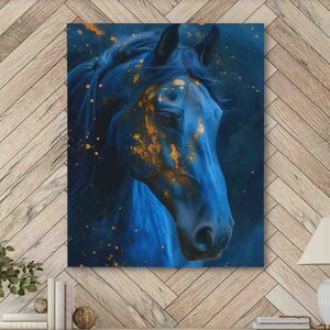 Dreaming Horse Canvas | Midnight Stallion with Golden Stars | Ethereal Equine