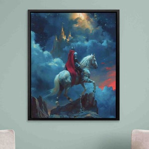 May include: A knight in red armour rides a white horse on a rocky cliff. The knight is looking towards a castle in the distance. The sky is dark blue with clouds and stars.