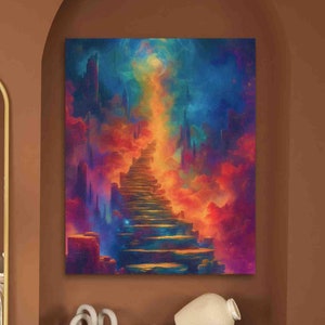 Colorful Abstract Stairway to the Heavens Artwork on Canvas - Vibrant Surrealism Decor