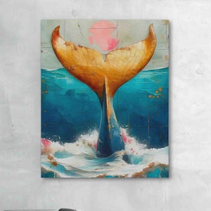 Cauda da baleia do ouro arte em tela | Decoração de parede com respingo náutico | Estampa Elegância Oceânica