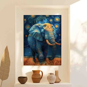 May include: A blue elephant with gold accents stands in a field of tall grass. The background is a starry night sky with a swirling galaxy in the center.