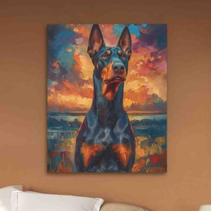 Doberman Canvas Art | Sunset Dog Painting | Vibrant Wall Decor | Pet Lover Gift