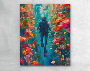 Diving in Life Art Print - Underwater Scuba Adventure, Coral Reef Canvas