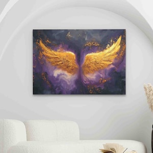 Purple and Golden Wings Painting, Abstract Angel Wings  Art