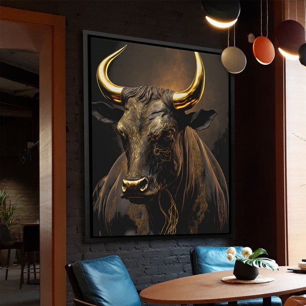 Golden Bull Stock Market Art - Day Trader Bull Painting Over the Bed Wall Decor