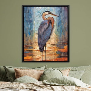 Arte su tela astratta dell’airone azzurro, arte dell’airone per pareti della camera da letto