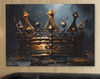 Black and Gold Crown Painting, Midnight Regalia - Art for Living Room Walls