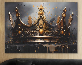 Crown Wall Art - Gold Royal Canvas Print, Black Gold Monarchy Art, Living Room Bedroom Decor