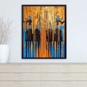 Blue and Gold Dripping Paint Abstract Canvas Art Print for Living Room