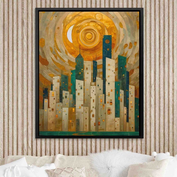 Emerald Valley City Abstract Canvas - Urban Energy Artwork, Modern Metropolis Wall Print
