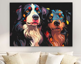 Colorful Dog Artwork, Painting of Dogs on Canvas, Living Room Wall Art, Modern Wall Arts