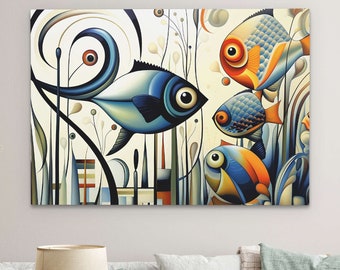Colorful Abstract Fish Painting - Minimalist Art for the Wall, Bathroom Decor Canvas Art