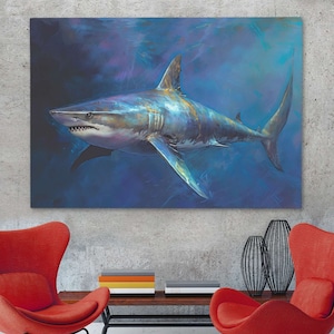 Great White Shark Art - Ocean Wall Decor, Kitchen Wall Art, Beach House Art Canvas Print
