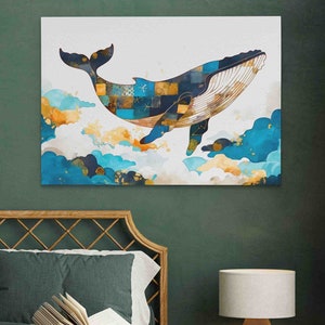 Impressão artística de baleia nas nuvens, arte de parede de fantasia, decoração extravagante