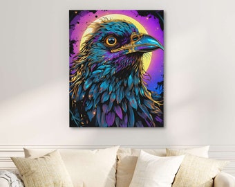 Raven in Moonlight: Colorful Raven Large Wall Art for Living Room