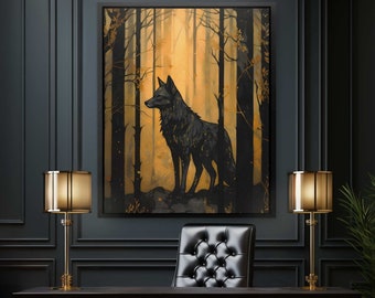 Wolf Wall Art - Black Gold Abstract Canvas Print, Wildlife Art, Living Room Office Bedroom Decor