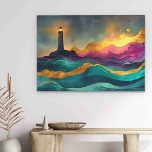 Beacon of Hope - Lighthouse Sunset Canvas Art, Inspirational Nautical Decor