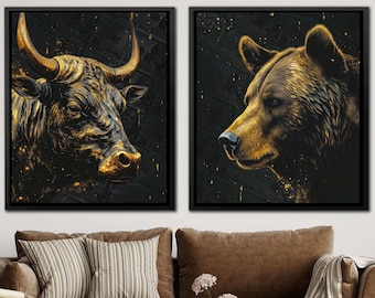 Stampa artistica da parete con toro e orso dorati per l'ufficio degli agenti di cambio