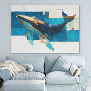 Blue Humpback Whale Canvas Art - Abstract Marine Life Artwork, Graceful Ocean Creature Wall Print