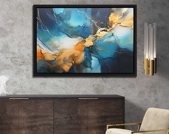 Golden Noir Echo: Blue and Gold Painting | Modern Large Canvas Wall Art for Living Room