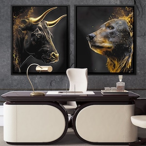 Golden Bull & Bear 2 Piece Wall Street Set - Stock Broker Office Art Prints