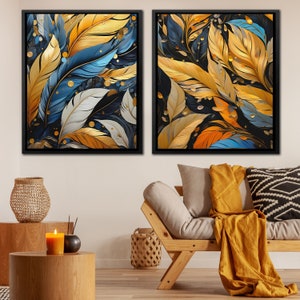 Golden Feather Art Canvas | 2 Piece Modern Blue Gold Wall Decor for Living Room