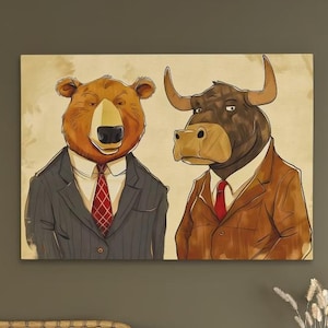 Bull and Bear Art, Stock Market Canvas, Financial Wall Decor, Seasoned Brokers