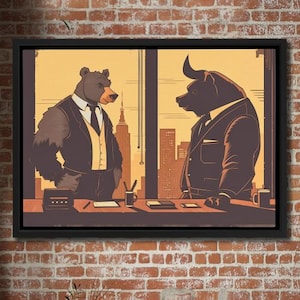 Bear vs Bull Wall Art, Finance Animal Illustration, Stock Market Decor