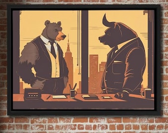 Arte murale orso contro toro, illustrazione di animali della finanza, decorazioni del mercato azionario