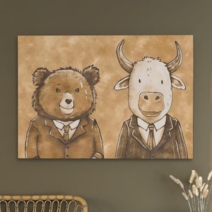 Traders First Day Wall Street Animals Canvas, Bull and Bear Art, Finance Decor