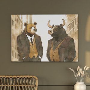 Wall Street Art, Bear and Bull, Financial Market Canvas, Stock market decor