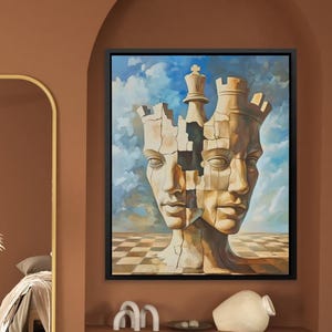 May include: A framed surrealist painting featuring two faces merged with chess pieces. The artwork is set against a blue sky with clouds and a checkered floor. The painting is displayed on a brown wall.
