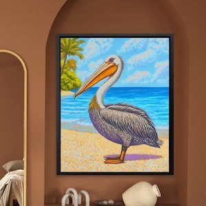 Beachside Pelican Art Print, Tropical Ocean Bird Wall Art, Coastal Beach Decor Poster