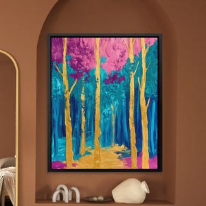 Golden Forest Path, Vibrant Abstract Nature Wall Art, Surreal Trees in Color