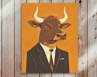 Analyst Bull zakelijke kunstprint, stier in pak, kantoordecor