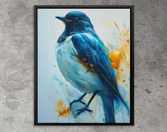 Impression d'art moineau bleu | Décoration murale oiseau aquarelle | Décoration d'intérieur en toile aviaire