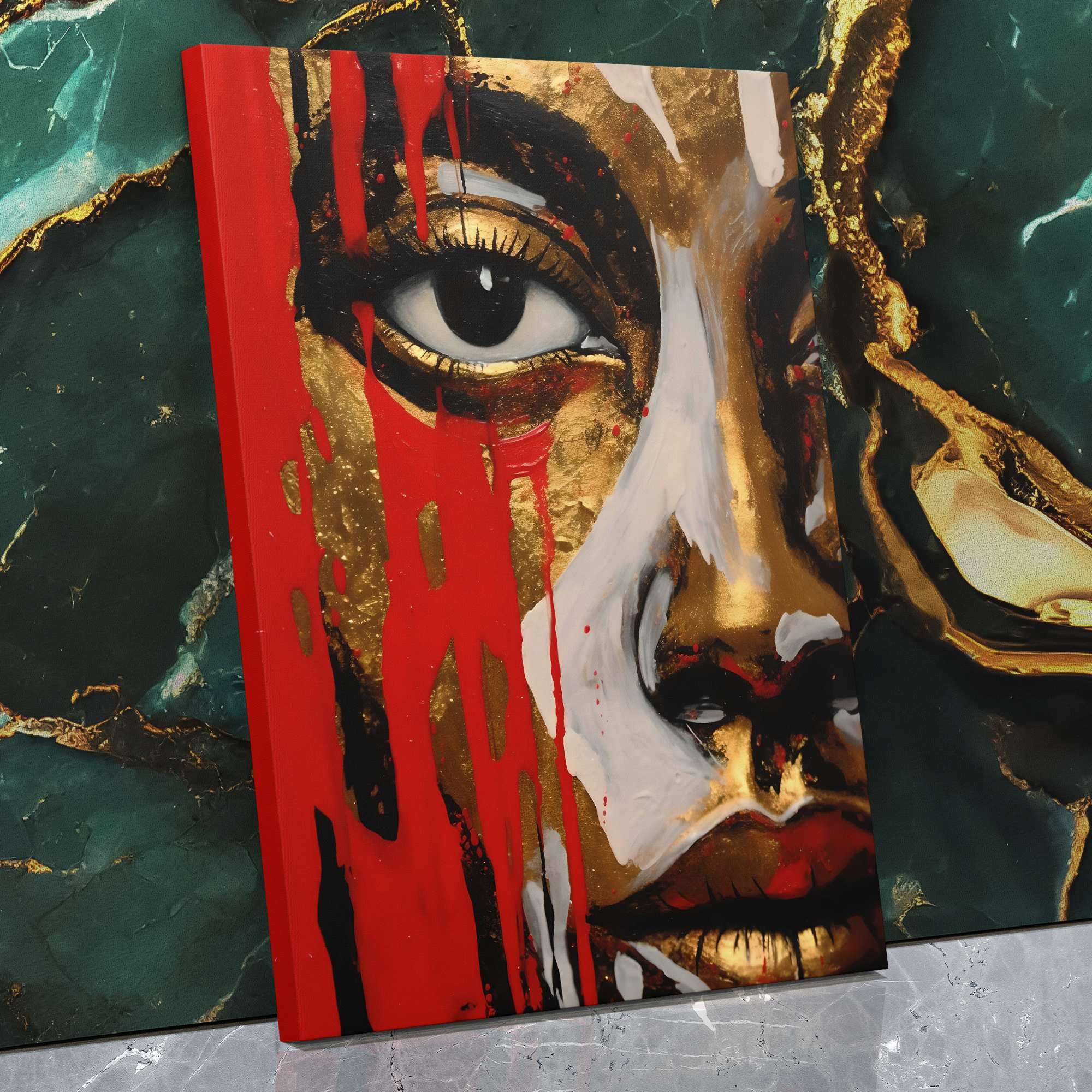 Crimson Elegance Canvas Art - Abstract Red & Gold, Kitchen Decor, Bathroom Wall Art, Female Face Design