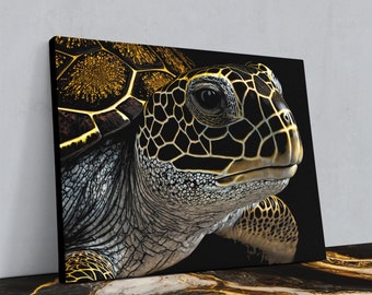 Sea Turtle Wall Art - Black and Gold Sea Turtle Ocean Painting - Coastal Beach Wall Decor