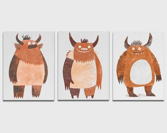 Monster Squad - Playful Monsters Trio Wall Art Set, Kids Room Decor, Nursery Art