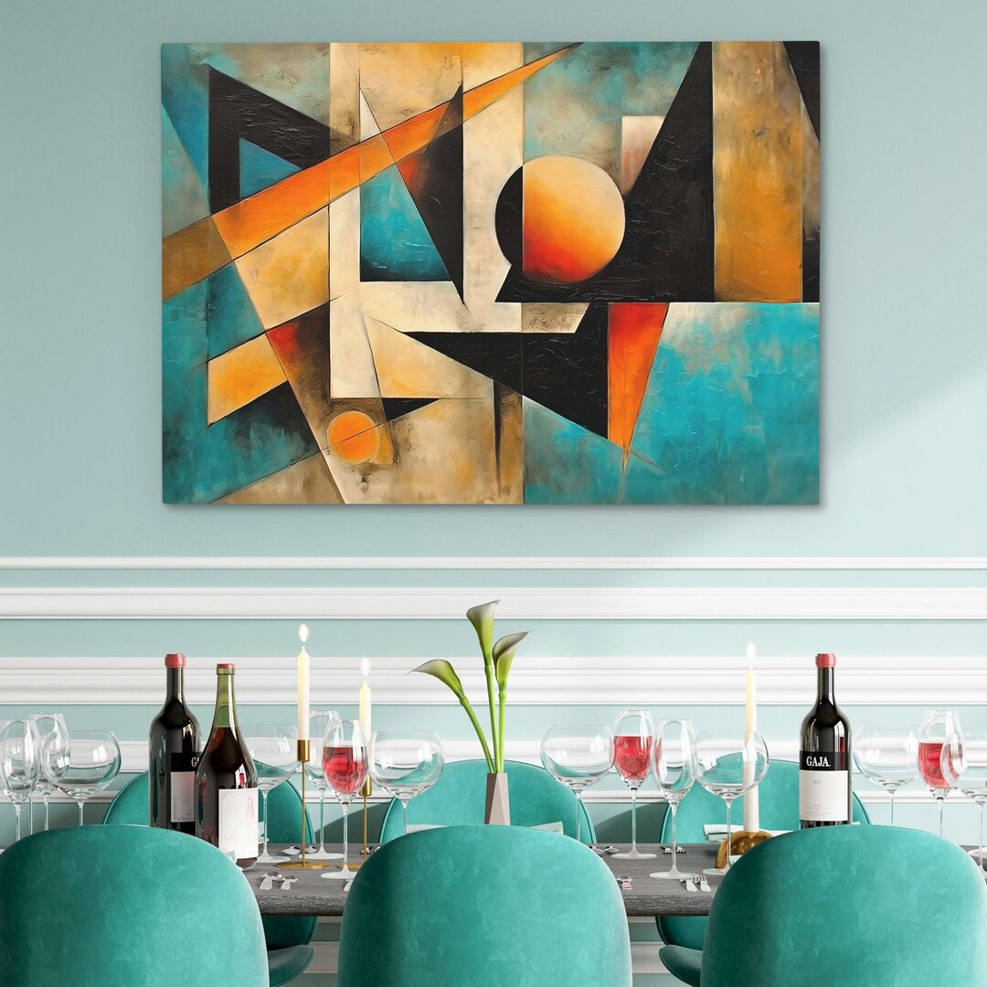 Blue Geometric Painting, Shapes Living Room Wall Art, Abstract Above