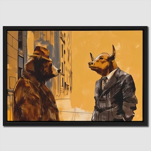 Bear vs Bull Wall Street Art, Animal Suit Painting, Stock Market Canvas Print