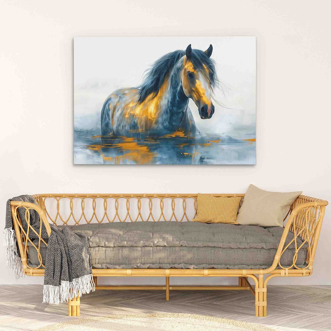 Equine Odyssey Ethereal Horse in Blue and Gold, Watercolor Art Print Etsy
