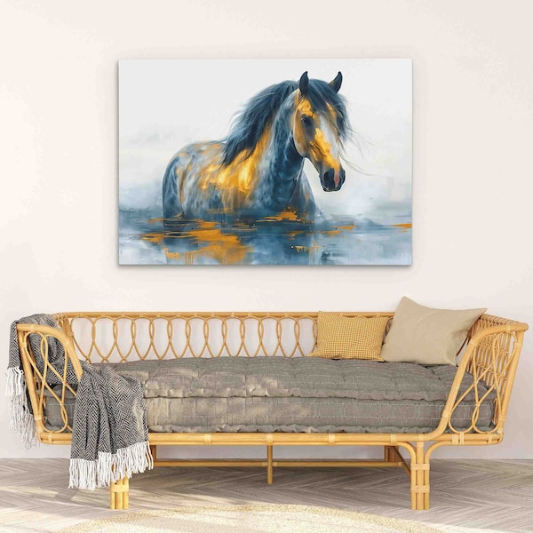 Equine Odyssey - Ethereal Horse in Blue and Gold, Watercolor Art Print