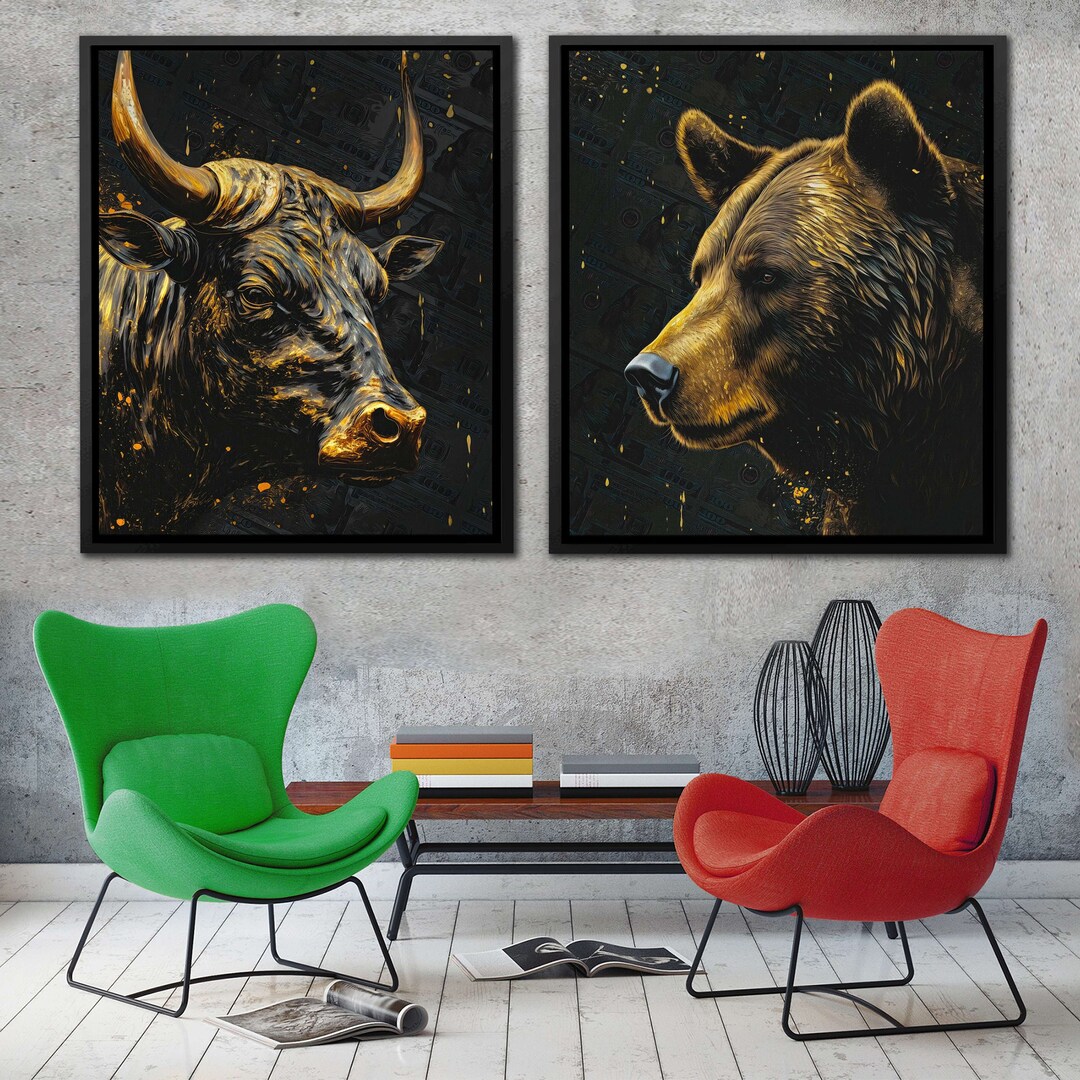 bull & bear digital prints, stock market art, wall... Bull and Bear Canvas Print Set – Wall Street Stock Market Art - Etsy