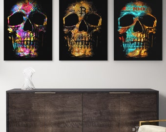 Skull Wall Art Set - Crypto Money Canvas Print, 3 Piece Dark Art, Office Living Room Decor